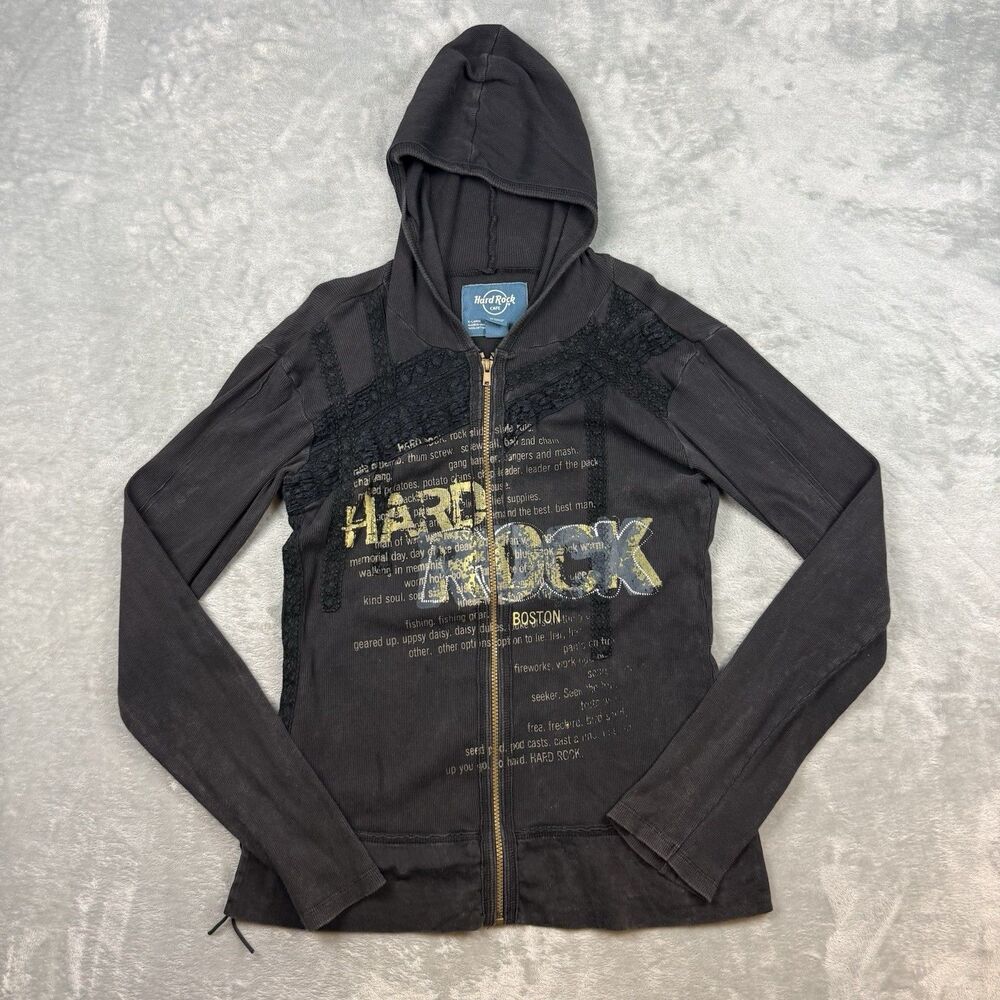 Hard Rock Cafe Boston Women’s XL Black Full Zip Graphic Lace Hoodie Y2K